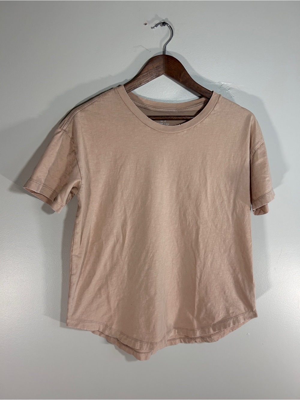 aerie Short Sleeve Distressed Crewneck Relaxed Fit Tee in Light Beige/Tan